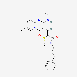 molecular formula C25H26N4O2S2 B12144237 7-methyl-3-{(Z)-[4-oxo-3-(3-phenylpropyl)-2-thioxo-1,3-thiazolidin-5-ylidene]methyl}-2-(propylamino)-4H-pyrido[1,2-a]pyrimidin-4-one 