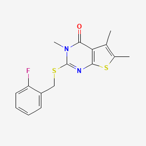 molecular formula C16H15FN2OS2 B12144384 2-[(2-fluorobenzyl)sulfanyl]-3,5,6-trimethylthieno[2,3-d]pyrimidin-4(3H)-one 