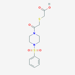 molecular formula C14H18N2O5S2 B12144874 2-{2-Oxo-2-[4-(phenylsulfonyl)piperazinyl]ethylthio}acetic acid 