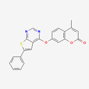 molecular formula C22H14N2O3S B12144925 4-Methyl-7-(6-phenylthiopheno[3,2-e]pyrimidin-4-yloxy)chromen-2-one 