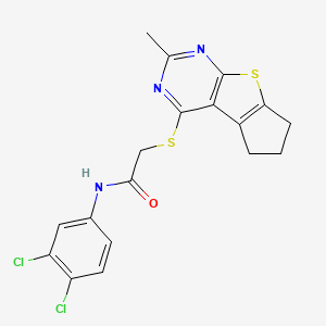 molecular formula C18H15Cl2N3OS2 B12144935 N-(3,4-dichlorophenyl)-2-({10-methyl-7-thia-9,11-diazatricyclo[6.4.0.0^{2,6}]dodeca-1(8),2(6),9,11-tetraen-12-yl}sulfanyl)acetamide 