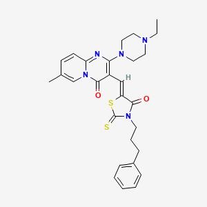 molecular formula C28H31N5O2S2 B12144949 2-(4-ethylpiperazin-1-yl)-7-methyl-3-{(Z)-[4-oxo-3-(3-phenylpropyl)-2-thioxo-1,3-thiazolidin-5-ylidene]methyl}-4H-pyrido[1,2-a]pyrimidin-4-one 