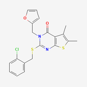 molecular formula C20H17ClN2O2S2 B12145096 2-[(2-chlorobenzyl)sulfanyl]-3-(furan-2-ylmethyl)-5,6-dimethylthieno[2,3-d]pyrimidin-4(3H)-one 