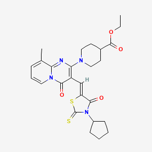 molecular formula C26H30N4O4S2 B12145300 ethyl 1-{3-[(Z)-(3-cyclopentyl-4-oxo-2-thioxo-1,3-thiazolidin-5-ylidene)methyl]-9-methyl-4-oxo-4H-pyrido[1,2-a]pyrimidin-2-yl}piperidine-4-carboxylate 