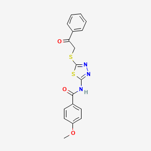 molecular formula C18H15N3O3S2 B12145340 4-methoxy-N-{5-[(2-oxo-2-phenylethyl)sulfanyl]-1,3,4-thiadiazol-2-yl}benzamide 