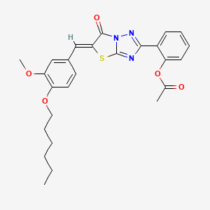 molecular formula C26H27N3O5S B12145370 2-{(5Z)-5-[4-(hexyloxy)-3-methoxybenzylidene]-6-oxo-5,6-dihydro[1,3]thiazolo[3,2-b][1,2,4]triazol-2-yl}phenyl acetate 