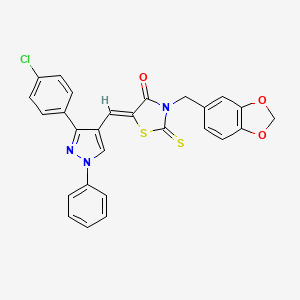 molecular formula C27H18ClN3O3S2 B12145378 (5Z)-3-(1,3-benzodioxol-5-ylmethyl)-5-{[3-(4-chlorophenyl)-1-phenyl-1H-pyrazol-4-yl]methylidene}-2-thioxo-1,3-thiazolidin-4-one 