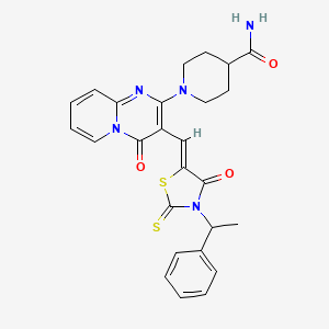 molecular formula C26H25N5O3S2 B12145820 1-(4-oxo-3-{(Z)-[4-oxo-3-(1-phenylethyl)-2-thioxo-1,3-thiazolidin-5-ylidene]methyl}-4H-pyrido[1,2-a]pyrimidin-2-yl)piperidine-4-carboxamide 