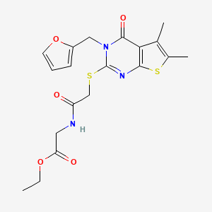 molecular formula C19H21N3O5S2 B12146060 Ethyl 2-{2-[3-(2-furylmethyl)-5,6-dimethyl-4-oxo-3-hydrothiopheno[2,3-d]pyrimi din-2-ylthio]acetylamino}acetate 