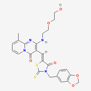 molecular formula C25H24N4O6S2 B12146106 3-{(Z)-[3-(1,3-benzodioxol-5-ylmethyl)-4-oxo-2-thioxo-1,3-thiazolidin-5-ylidene]methyl}-2-{[2-(2-hydroxyethoxy)ethyl]amino}-9-methyl-4H-pyrido[1,2-a]pyrimidin-4-one 