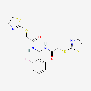 molecular formula C17H19FN4O2S4 B12146226 N,N'-[(2-fluorophenyl)methanediyl]bis[2-(4,5-dihydro-1,3-thiazol-2-ylsulfanyl)acetamide] 