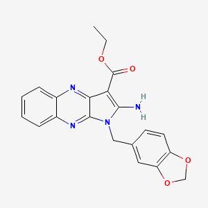 molecular formula C21H18N4O4 B12146401 ethyl 2-amino-1-(1,3-benzodioxol-5-ylmethyl)-1H-pyrrolo[2,3-b]quinoxaline-3-carboxylate 