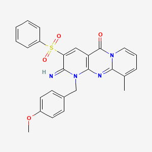 5-(Benzenesulfonyl)-6-imino-7-[(4-methoxyphenyl)methyl]-11-methyl-1,7,9-triazatricyclo[8.4.0.0^{3,8}]tetradeca-3(8),4,9,11,13-pentaen-2-one