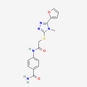 molecular formula C16H15N5O3S B12146640 4-(2-{[5-(furan-2-yl)-4-methyl-4H-1,2,4-triazol-3-yl]sulfanyl}acetamido)benzamide 