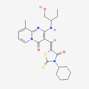 molecular formula C23H28N4O3S2 B12146830 3-[(Z)-(3-cyclohexyl-4-oxo-2-thioxo-1,3-thiazolidin-5-ylidene)methyl]-2-[(1-hydroxybutan-2-yl)amino]-9-methyl-4H-pyrido[1,2-a]pyrimidin-4-one 