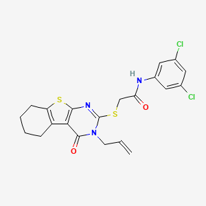 molecular formula C21H19Cl2N3O2S2 B12147090 N-(3,5-dichlorophenyl)-2-(4-oxo-3-prop-2-enyl(3,5,6,7,8-pentahydrobenzo[b]thio pheno[2,3-d]pyrimidin-2-ylthio))acetamide 