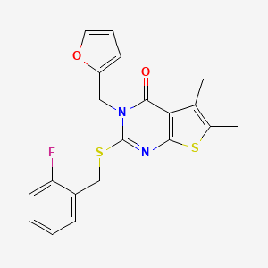 molecular formula C20H17FN2O2S2 B12147623 2-[(2-fluorobenzyl)sulfanyl]-3-(furan-2-ylmethyl)-5,6-dimethylthieno[2,3-d]pyrimidin-4(3H)-one 