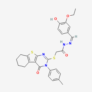 molecular formula C28H28N4O4S2 B12147980 N'-[(Z)-(3-ethoxy-4-hydroxyphenyl)methylidene]-2-{[3-(4-methylphenyl)-4-oxo-3,4,5,6,7,8-hexahydro[1]benzothieno[2,3-d]pyrimidin-2-yl]sulfanyl}acetohydrazide 