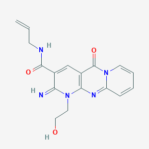 molecular formula C17H17N5O3 B12148087 7-(2-hydroxyethyl)-6-imino-2-oxo-N-prop-2-enyl-1,7,9-triazatricyclo[8.4.0.03,8]tetradeca-3(8),4,9,11,13-pentaene-5-carboxamide 