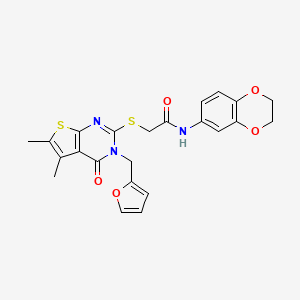 molecular formula C23H21N3O5S2 B12148091 N-(2,3-dihydro-1,4-benzodioxin-6-yl)-2-{[3-(furan-2-ylmethyl)-5,6-dimethyl-4-oxo-3,4-dihydrothieno[2,3-d]pyrimidin-2-yl]sulfanyl}acetamide 