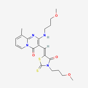 molecular formula C21H26N4O4S2 B12148148 2-[(3-methoxypropyl)amino]-3-{(Z)-[3-(3-methoxypropyl)-4-oxo-2-thioxo-1,3-thiazolidin-5-ylidene]methyl}-9-methyl-4H-pyrido[1,2-a]pyrimidin-4-one 