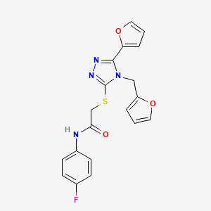 molecular formula C19H15FN4O3S B12148299 N-(4-fluorophenyl)-2-[[5-(furan-2-yl)-4-(furan-2-ylmethyl)-1,2,4-triazol-3-yl]sulfanyl]acetamide 