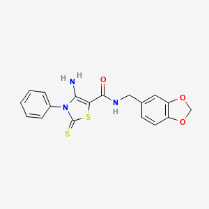 molecular formula C18H15N3O3S2 B12148664 4-amino-N-(1,3-benzodioxol-5-ylmethyl)-3-phenyl-2-thioxo-2,3-dihydro-1,3-thiazole-5-carboxamide 