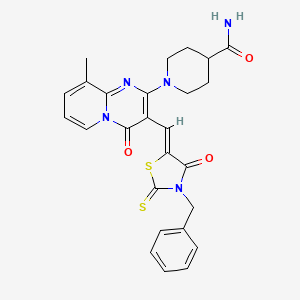 molecular formula C26H25N5O3S2 B12148714 1-{3-[(Z)-(3-benzyl-4-oxo-2-thioxo-1,3-thiazolidin-5-ylidene)methyl]-9-methyl-4-oxo-4H-pyrido[1,2-a]pyrimidin-2-yl}piperidine-4-carboxamide 