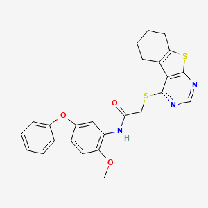 molecular formula C25H21N3O3S2 B12149710 Acetamide,N-(2-methoxy-3-dibenzofuranyl)-2-[(5,6,7,8-tetrahydro[1]benzothieno[2,3-D]pyrimidin-4-YL)thio]- 