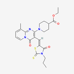 ethyl 1-{9-methyl-4-oxo-3-[(Z)-(4-oxo-3-propyl-2-thioxo-1,3-thiazolidin-5-ylidene)methyl]-4H-pyrido[1,2-a]pyrimidin-2-yl}piperidine-4-carboxylate