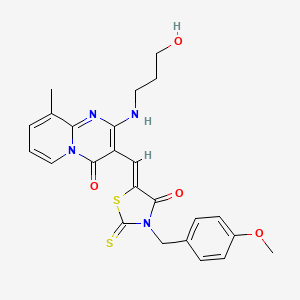 molecular formula C24H24N4O4S2 B12150504 2-[(3-hydroxypropyl)amino]-3-{(Z)-[3-(4-methoxybenzyl)-4-oxo-2-thioxo-1,3-thiazolidin-5-ylidene]methyl}-9-methyl-4H-pyrido[1,2-a]pyrimidin-4-one 