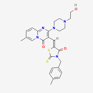 molecular formula C27H29N5O3S2 B12150601 2-[4-(2-hydroxyethyl)piperazin-1-yl]-7-methyl-3-{(Z)-[3-(4-methylbenzyl)-4-oxo-2-thioxo-1,3-thiazolidin-5-ylidene]methyl}-4H-pyrido[1,2-a]pyrimidin-4-one 