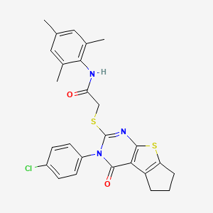 molecular formula C26H24ClN3O2S2 B12150854 2-((3-(4-chlorophenyl)-4-oxo-4,5,6,7-tetrahydro-3H-cyclopenta[4,5]thieno[2,3-d]pyrimidin-2-yl)thio)-N-mesitylacetamide 