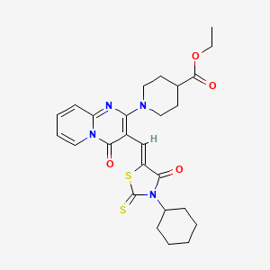 molecular formula C26H30N4O4S2 B12150927 ethyl 1-{3-[(Z)-(3-cyclohexyl-4-oxo-2-thioxo-1,3-thiazolidin-5-ylidene)methyl]-4-oxo-4H-pyrido[1,2-a]pyrimidin-2-yl}piperidine-4-carboxylate 