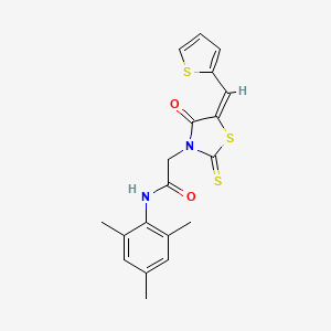 molecular formula C19H18N2O2S3 B12152068 (E)-N-mesityl-2-(4-oxo-5-(thiophen-2-ylmethylene)-2-thioxothiazolidin-3-yl)acetamide 