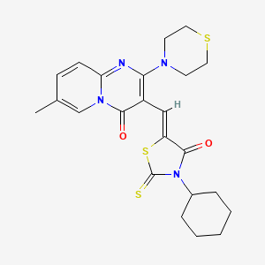 molecular formula C23H26N4O2S3 B12152217 3-[(Z)-(3-cyclohexyl-4-oxo-2-thioxo-1,3-thiazolidin-5-ylidene)methyl]-7-methyl-2-(thiomorpholin-4-yl)-4H-pyrido[1,2-a]pyrimidin-4-one 