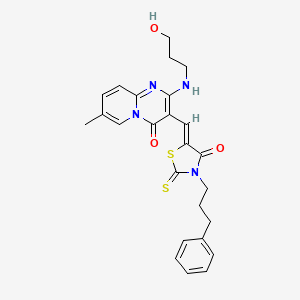 molecular formula C25H26N4O3S2 B12152744 2-[(3-hydroxypropyl)amino]-7-methyl-3-{(Z)-[4-oxo-3-(3-phenylpropyl)-2-thioxo-1,3-thiazolidin-5-ylidene]methyl}-4H-pyrido[1,2-a]pyrimidin-4-one 