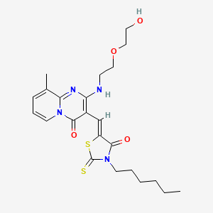 molecular formula C23H30N4O4S2 B12152776 3-[(Z)-(3-hexyl-4-oxo-2-thioxo-1,3-thiazolidin-5-ylidene)methyl]-2-{[2-(2-hydroxyethoxy)ethyl]amino}-9-methyl-4H-pyrido[1,2-a]pyrimidin-4-one 