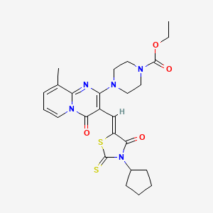 molecular formula C25H29N5O4S2 B12153102 ethyl 4-{3-[(Z)-(3-cyclopentyl-4-oxo-2-thioxo-1,3-thiazolidin-5-ylidene)methyl]-9-methyl-4-oxo-4H-pyrido[1,2-a]pyrimidin-2-yl}piperazine-1-carboxylate 