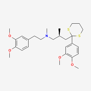 B1215330 1,3-Dithiane-2-propanamine, 2-(3,4-dimethoxyphenyl)-N-(2-(3,4-dimethoxyphenyl)ethyl)-N,beta-dimethyl-, (S)- CAS No. 168037-93-2