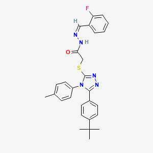 molecular formula C28H28FN5OS B12153882 2-[[5-(4-tert-butylphenyl)-4-(4-methylphenyl)-1,2,4-triazol-3-yl]sulfanyl]-N-[(E)-(2-fluorophenyl)methylideneamino]acetamide 