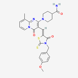 molecular formula C27H27N5O4S2 B12154019 1-(3-{(Z)-[3-(4-methoxybenzyl)-4-oxo-2-thioxo-1,3-thiazolidin-5-ylidene]methyl}-9-methyl-4-oxo-4H-pyrido[1,2-a]pyrimidin-2-yl)piperidine-4-carboxamide 