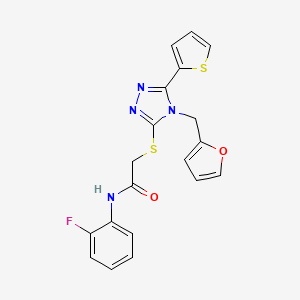 molecular formula C19H15FN4O2S2 B12154112 N-(2-fluorophenyl)-2-{[4-(furan-2-ylmethyl)-5-(thiophen-2-yl)-4H-1,2,4-triazol-3-yl]sulfanyl}acetamide 