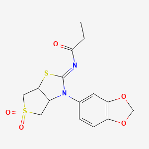 molecular formula C15H16N2O5S2 B12155000 N-[(2E)-3-(1,3-benzodioxol-5-yl)-5,5-dioxidotetrahydrothieno[3,4-d][1,3]thiazol-2(3H)-ylidene]propanamide 