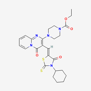 molecular formula C25H29N5O4S2 B12155643 ethyl 4-{3-[(Z)-(3-cyclohexyl-4-oxo-2-thioxo-1,3-thiazolidin-5-ylidene)methyl]-4-oxo-4H-pyrido[1,2-a]pyrimidin-2-yl}piperazine-1-carboxylate 