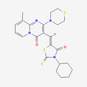 molecular formula C23H26N4O2S3 B12156289 3-[(Z)-(3-cyclohexyl-4-oxo-2-thioxo-1,3-thiazolidin-5-ylidene)methyl]-9-methyl-2-(thiomorpholin-4-yl)-4H-pyrido[1,2-a]pyrimidin-4-one 