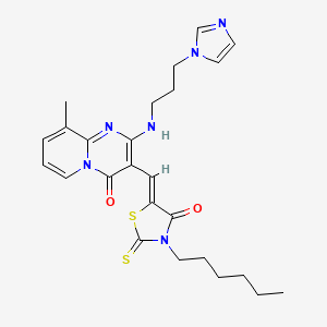 molecular formula C25H30N6O2S2 B12157212 3-[(Z)-(3-hexyl-4-oxo-2-thioxo-1,3-thiazolidin-5-ylidene)methyl]-2-{[3-(1H-imidazol-1-yl)propyl]amino}-9-methyl-4H-pyrido[1,2-a]pyrimidin-4-one 