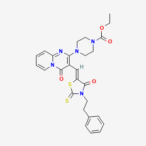 molecular formula C27H27N5O4S2 B12157885 ethyl 4-(4-oxo-3-{(Z)-[4-oxo-3-(2-phenylethyl)-2-thioxo-1,3-thiazolidin-5-ylidene]methyl}-4H-pyrido[1,2-a]pyrimidin-2-yl)piperazine-1-carboxylate 