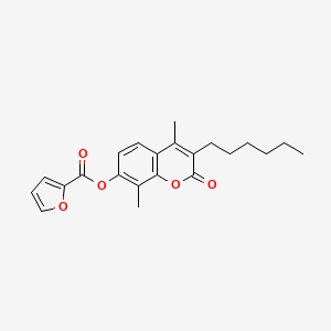 molecular formula C22H24O5 B12158157 3-hexyl-4,8-dimethyl-2-oxo-2H-chromen-7-yl furan-2-carboxylate 