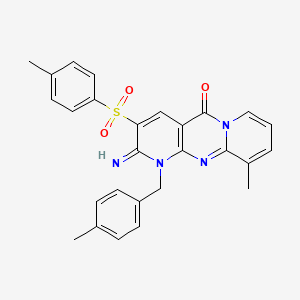 molecular formula C27H24N4O3S B12158174 2-Imino-10-methyl-1-[(4-methylphenyl)methyl]-3-[(4-methylphenyl)sulfonyl]-1,6-dihydropyridino[2,3-d]pyridino[1,2-a]pyrimidin-5-one 